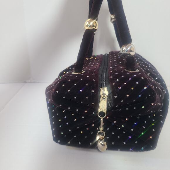 Vintage Black Velvet Rhinestone Evening Handbag w Gold Ball Accent 1960's Style - Picture 4 of 14